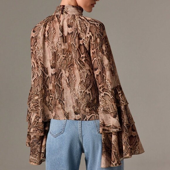 Elegant Multicolor Women's High Neck Long Sleeve Snake Print Blouse - Picture 2 of 5